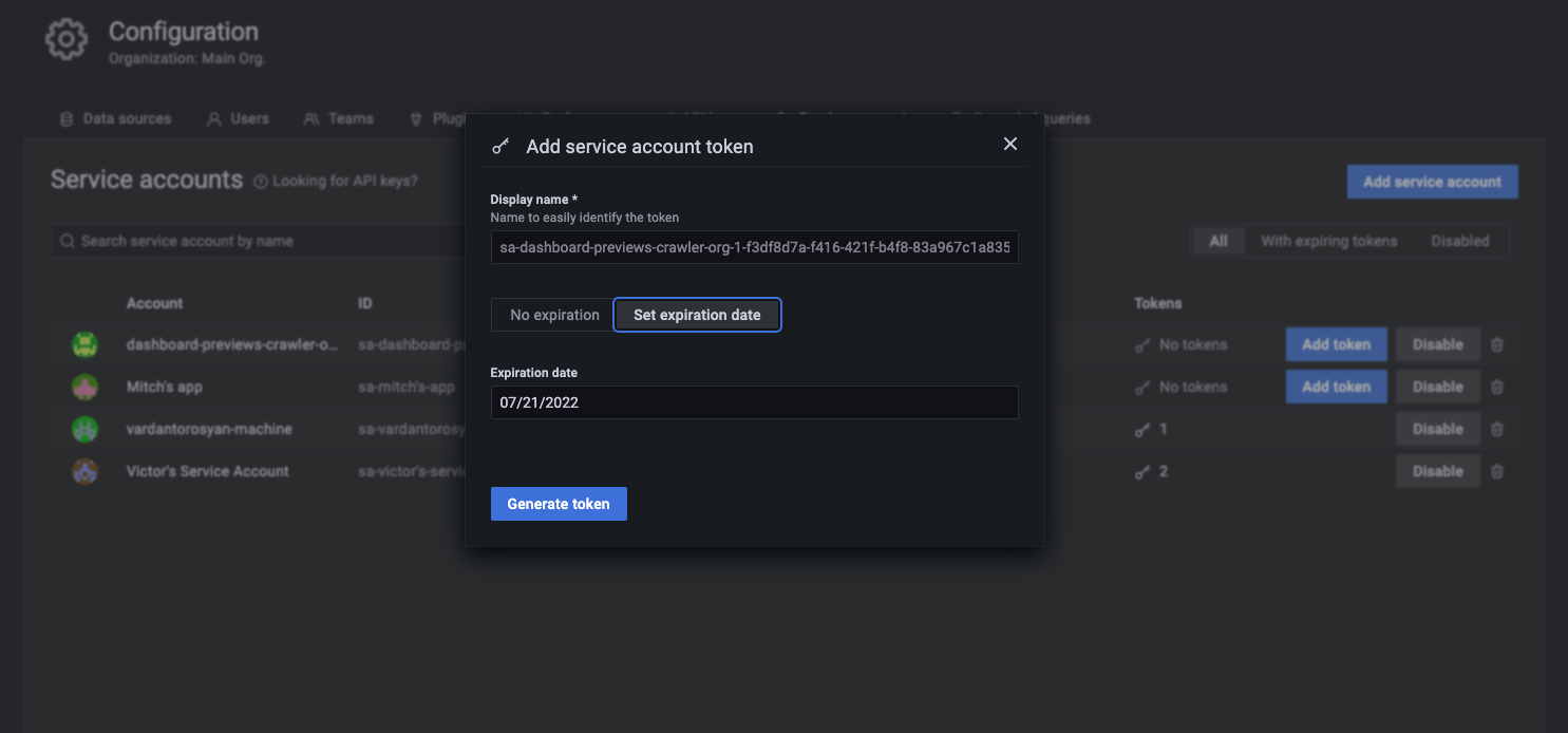 Adding a service account token