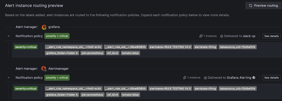 Alert instance routing preview