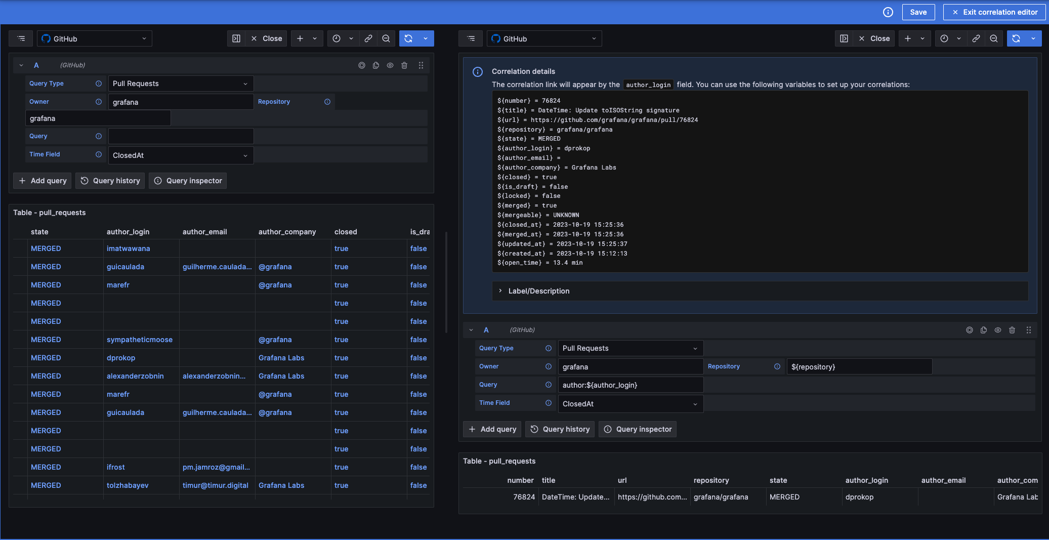 Create a correlation with variables from within Grafana Explore