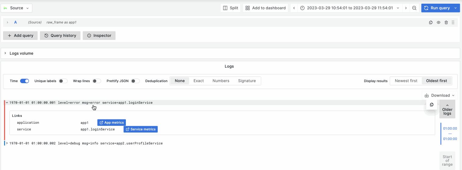 Demonstration of following a correlation link in Grafana Explore