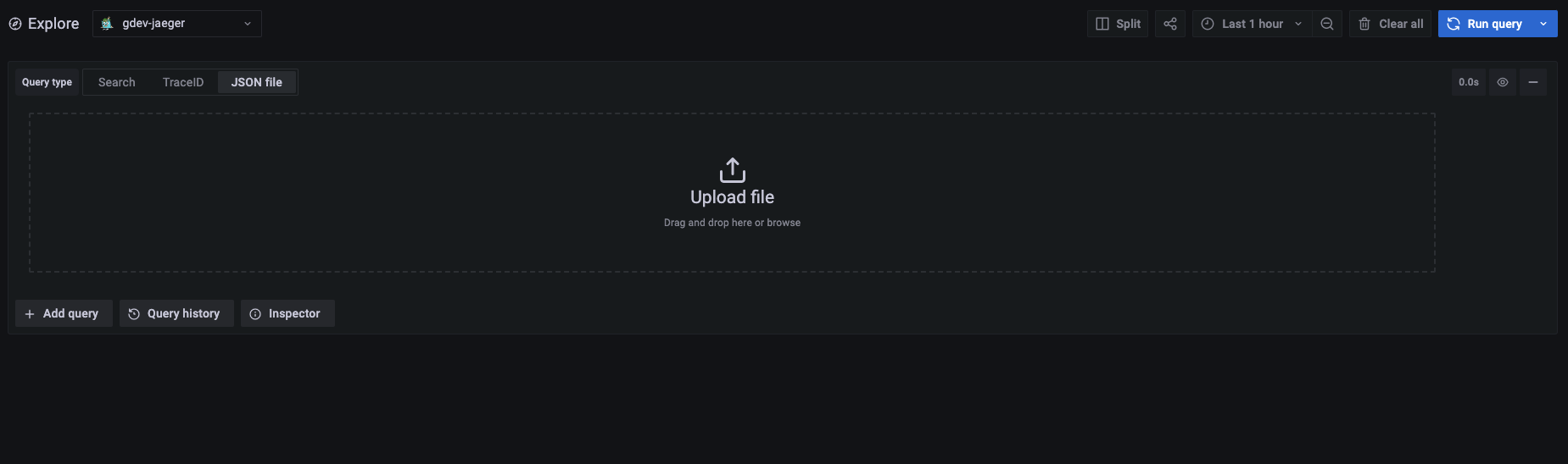Screenshot of the Jaeger data source in explore with upload selected
