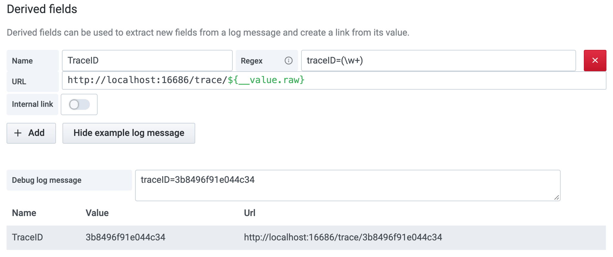 Screenshot of the derived fields debugging