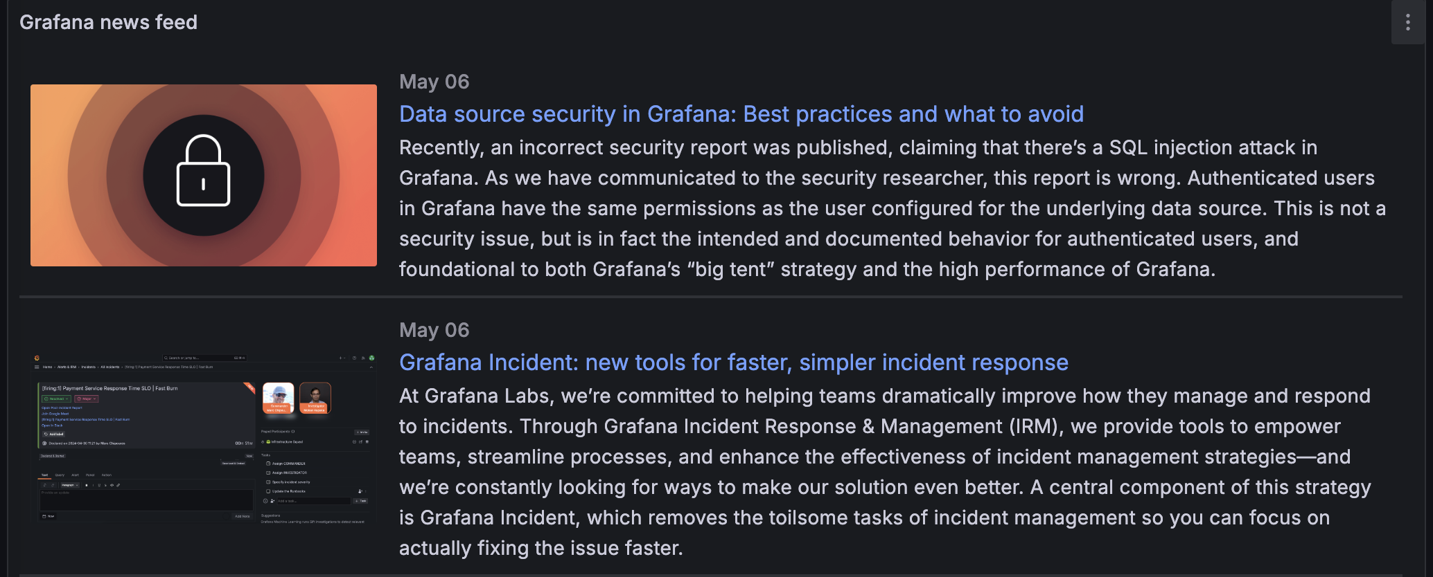 A news visualization showing the latest Grafana news feed