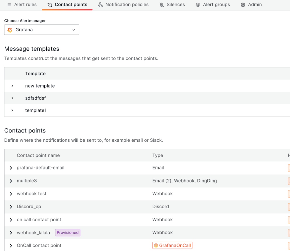 View Grafana OnCall contact point