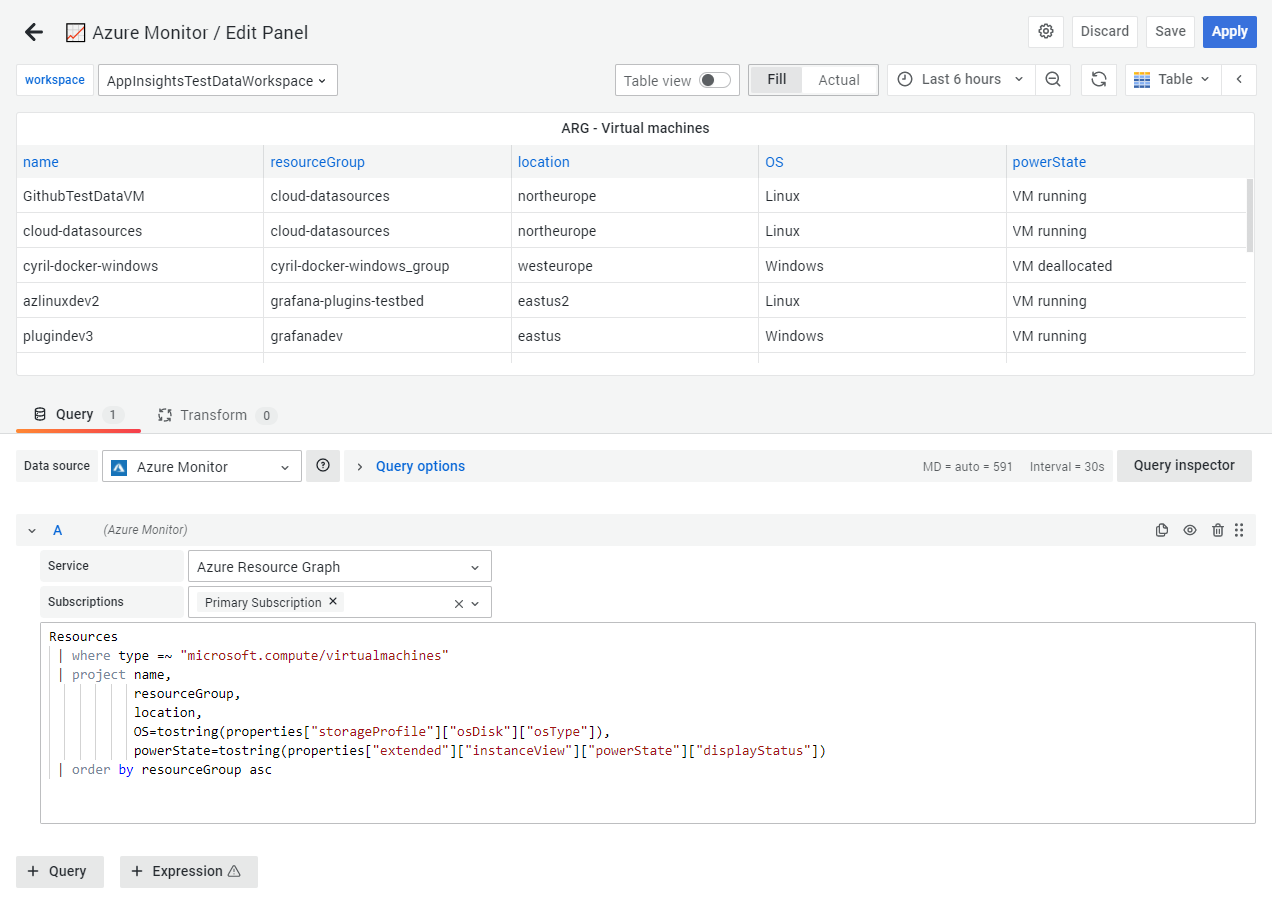 Azure Resource Graph sample query listing virtual machines on an account