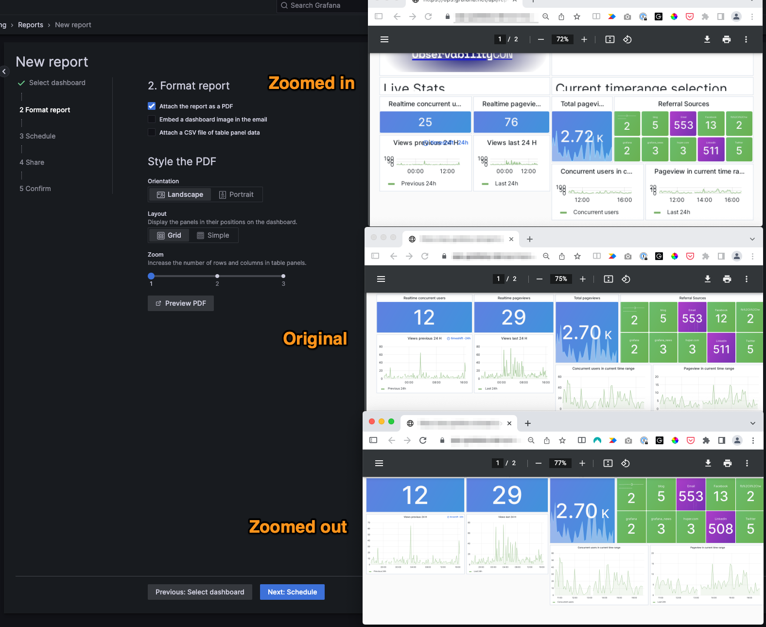 Report zoom feature with PDF documents at three different zoom levels