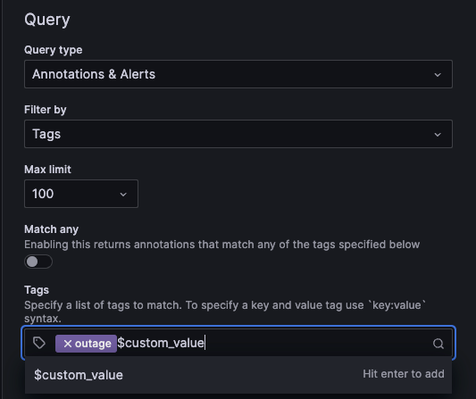 Annotation query options with a template variable query tag