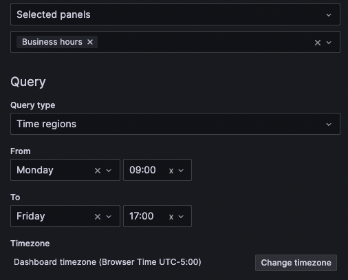 Time regions options set to business hours