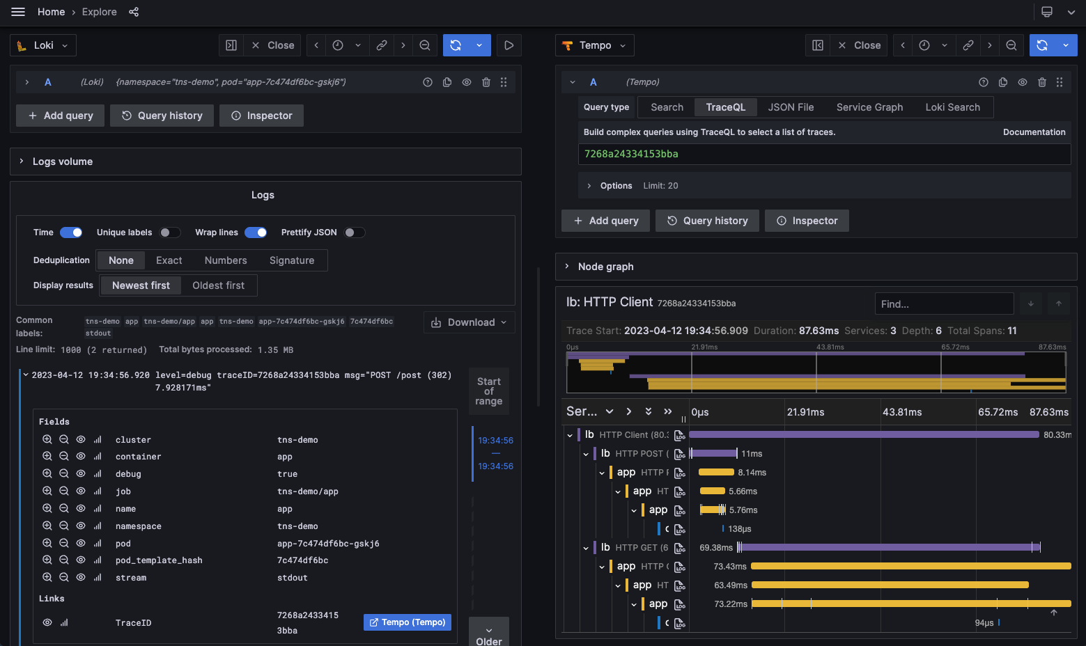 Explorer view with panel showing trace details