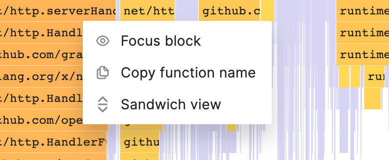 A flame graph visualization with drop-down actions.