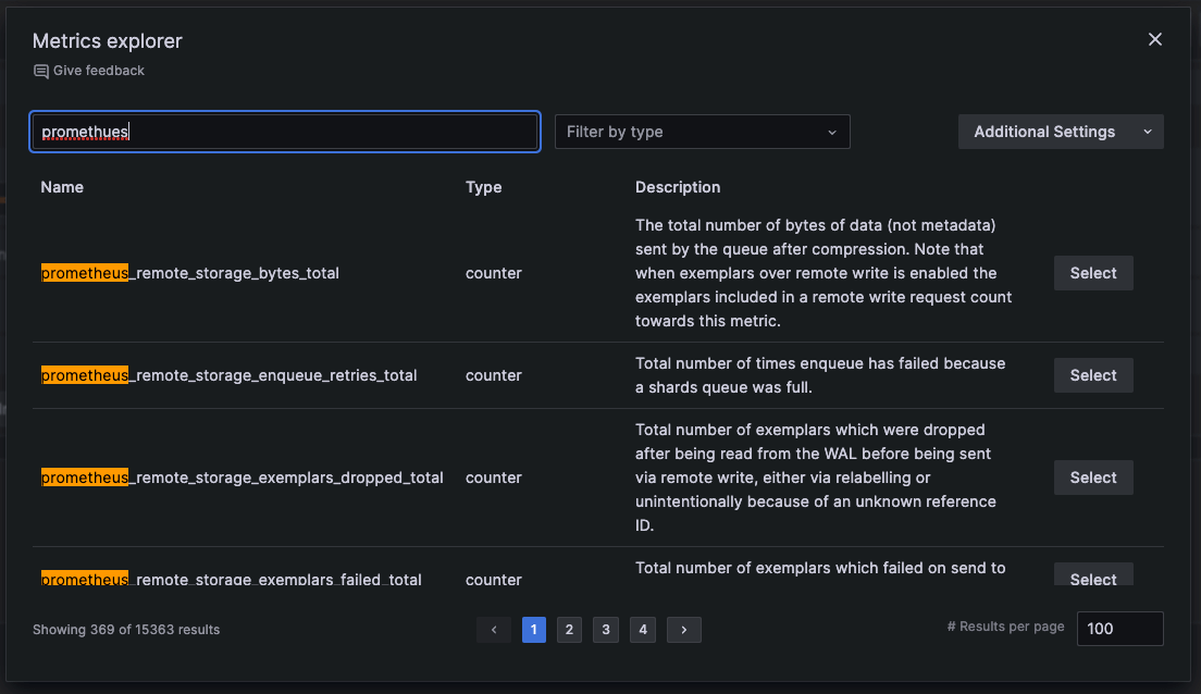 Searching in Metrics explorer