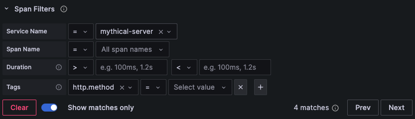 Traces span filtering