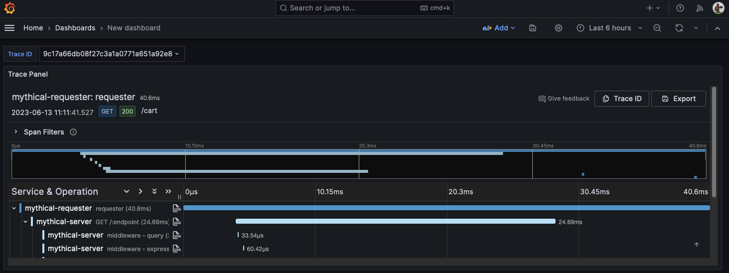 Results of query in trace panel