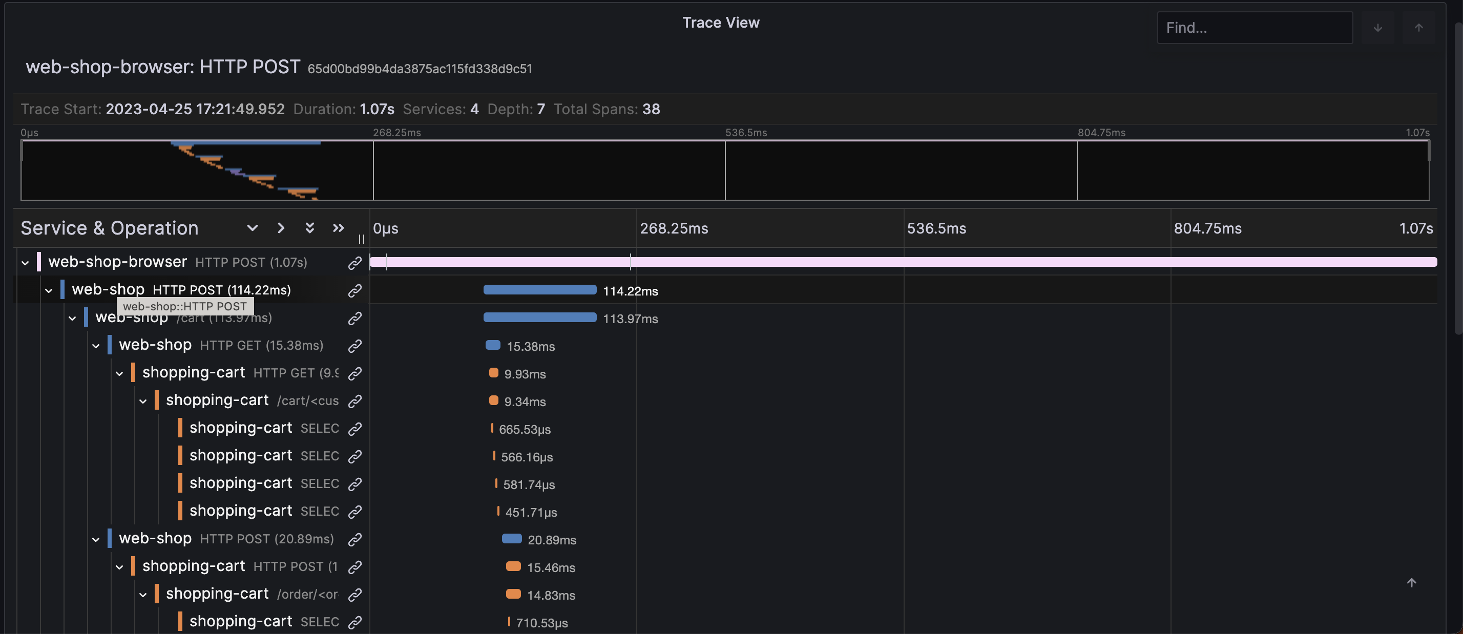 Screenshot of the trace view