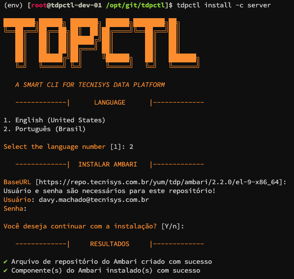 Opções para o comando tdpctl install