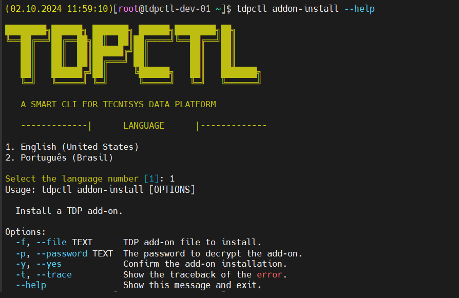 Opção --help do comando tdpctl addon-install