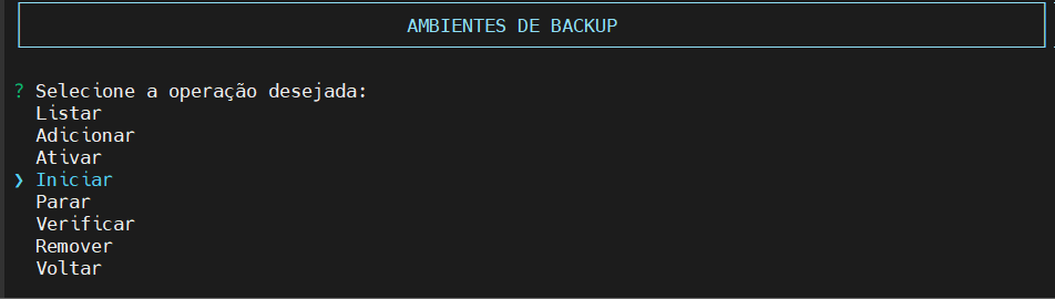 Seleciona operação ambiente backup