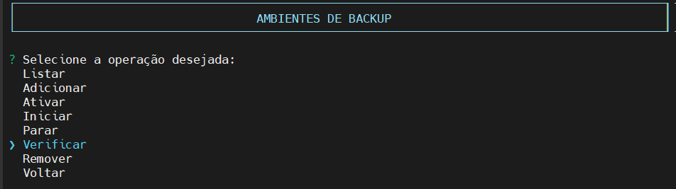 Seleciona operação ambiente backup