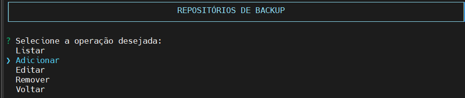 Seleciona operação repositório backup