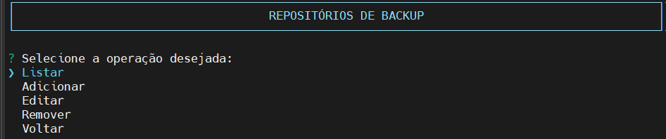 Seleciona operação repositório backup