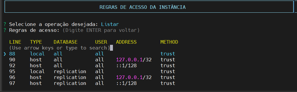 Lista regras de acesso cluster