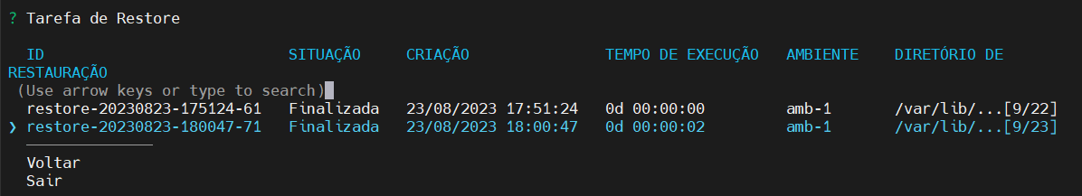 seleciona tarefa de restore desejada