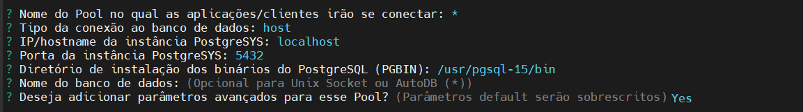 dados de configuração do pool