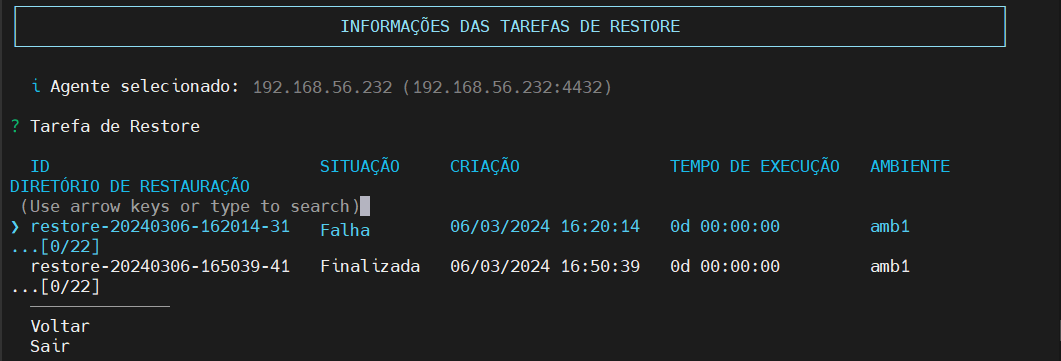 seleciona tarefa de restauração desejada