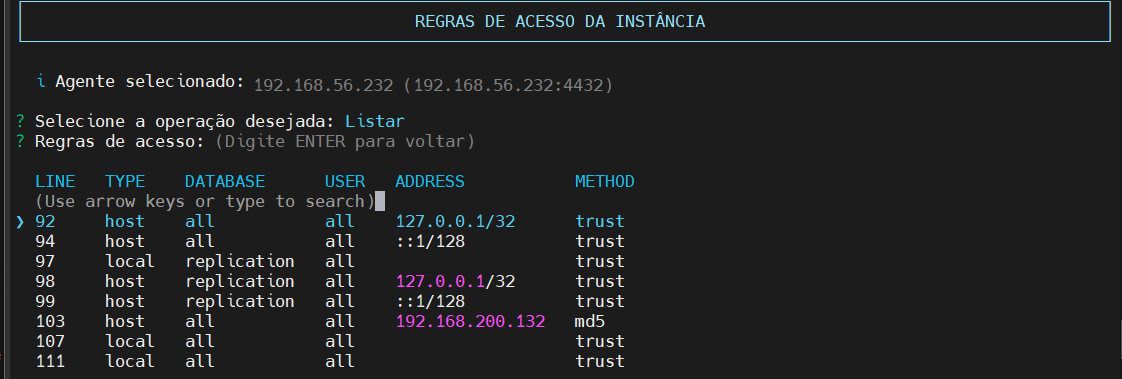 Lista regras de acesso