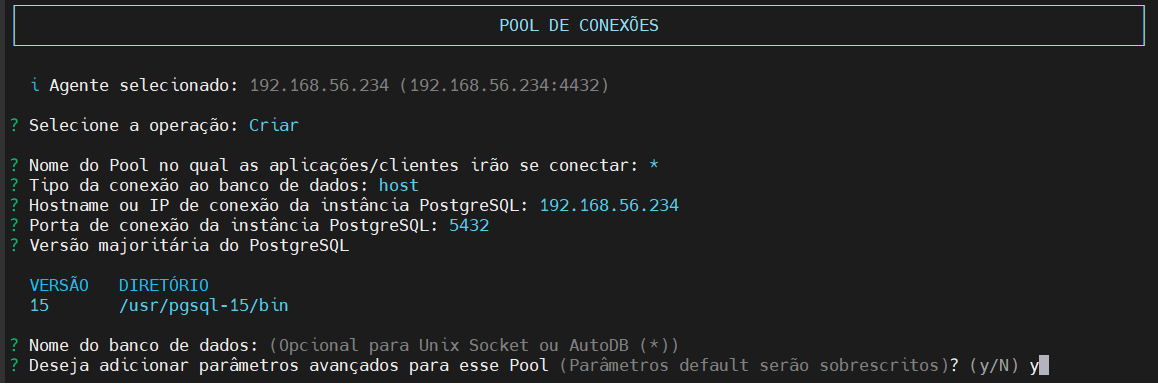 dados de configuração do pool