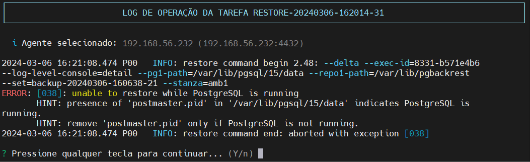 log da tarefa de _restore_