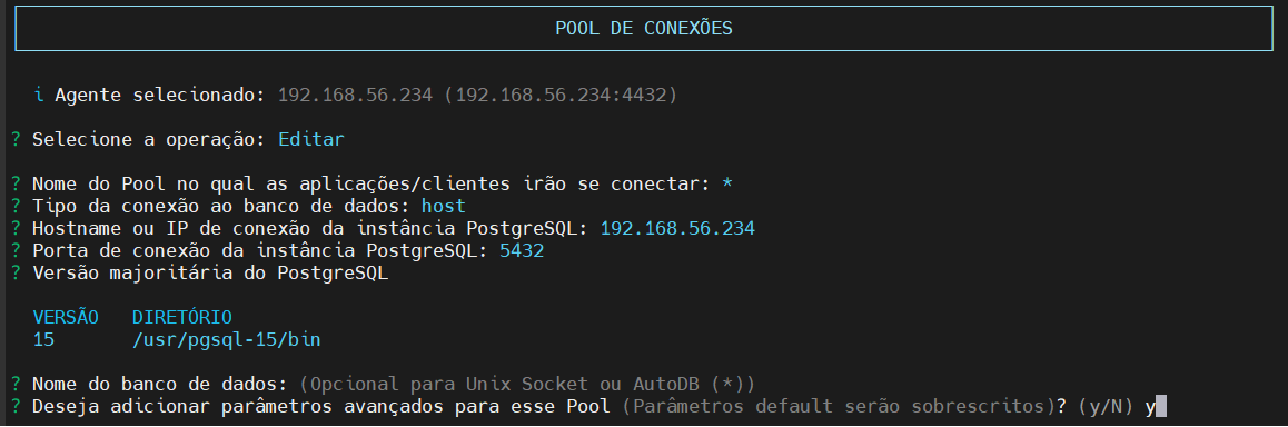 dados de configuração do pool