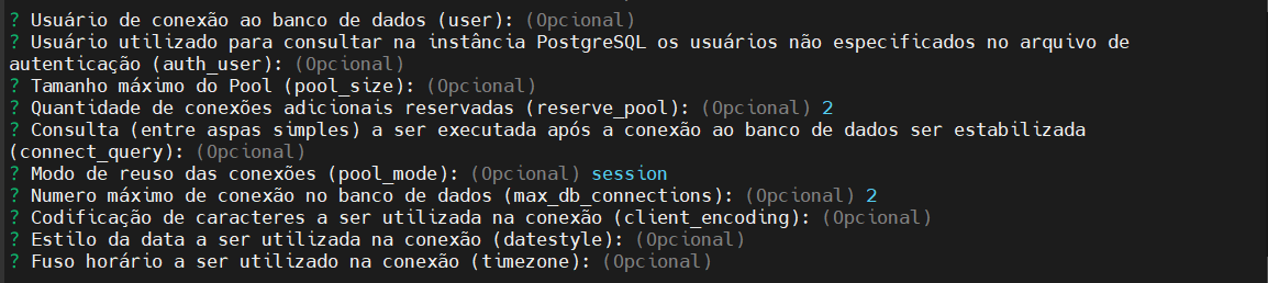 dados de configuração do pool- parametros avançados