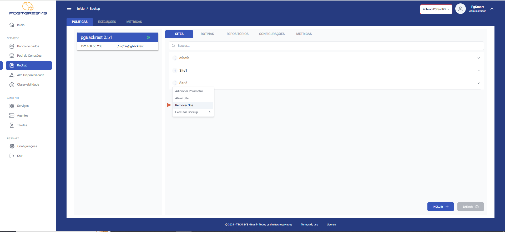 Figure 7 - Backup Site Configuration - Remove Site