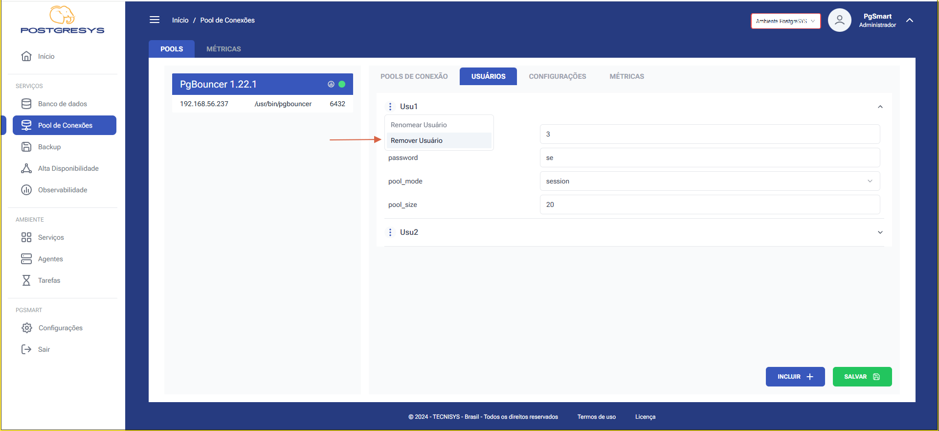 Figure 6 - Pool Users Configuration  - Delete Connection Pool - Select Option