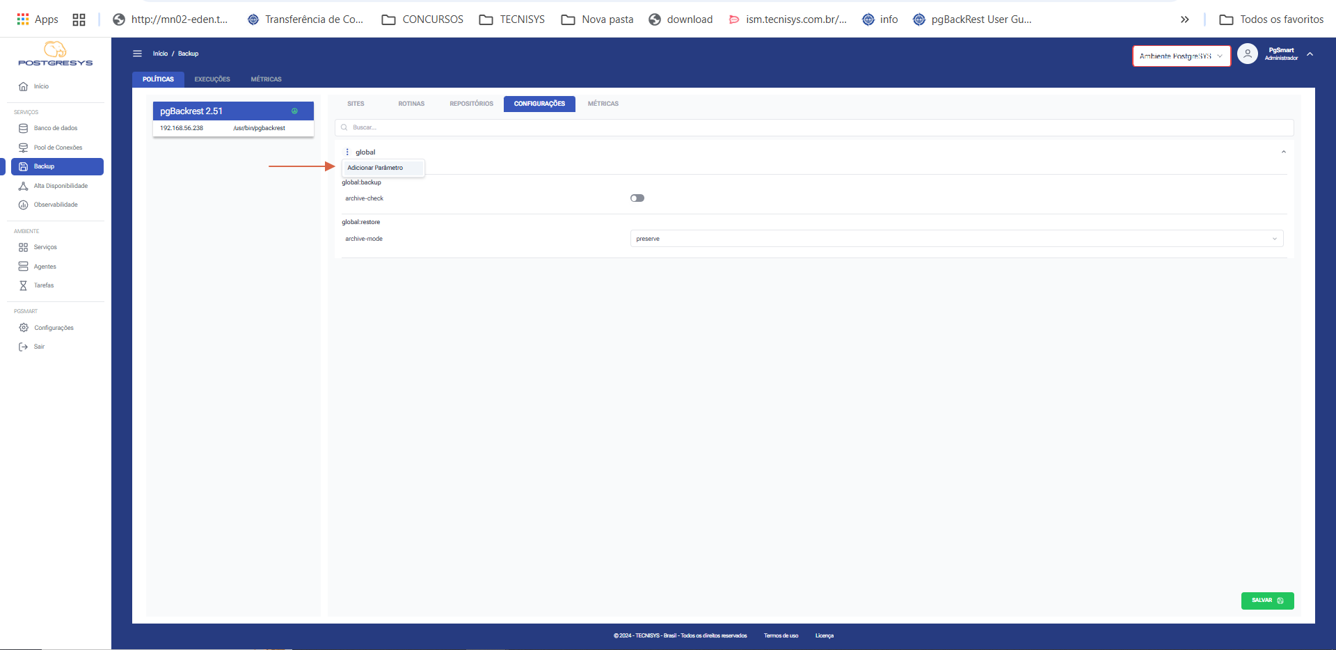 Figura 2 -Configuração dos Parâmetros de Backup - Inclusão de Parâmetro