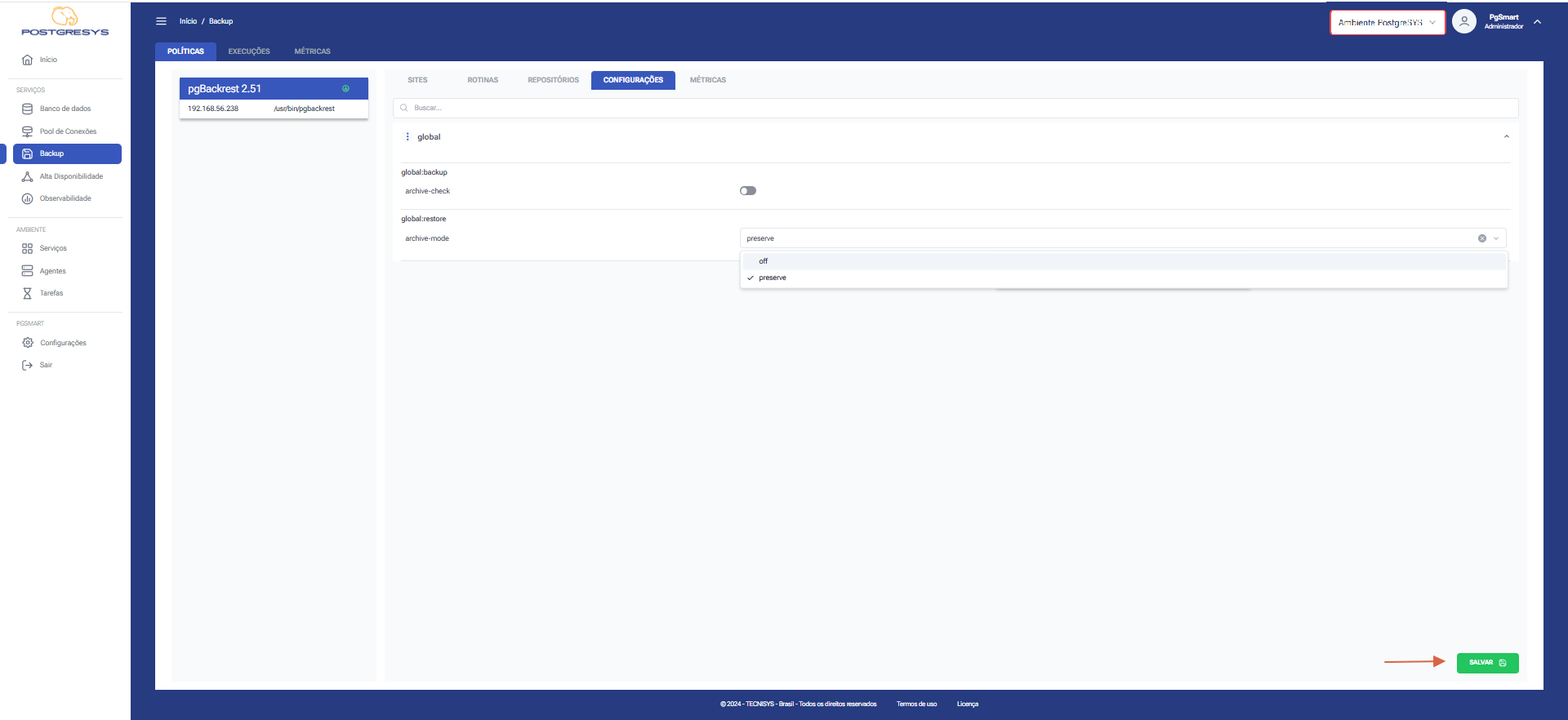 Figura 4 -Configuração dos Parâmetros de Backup - Edição de Parâmetro