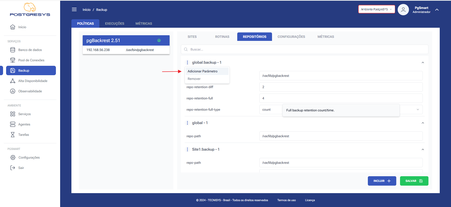 Figura 6 -Configuração dos Repositórios de Backup - Adicionar Parâmetro - Seleção da Opção