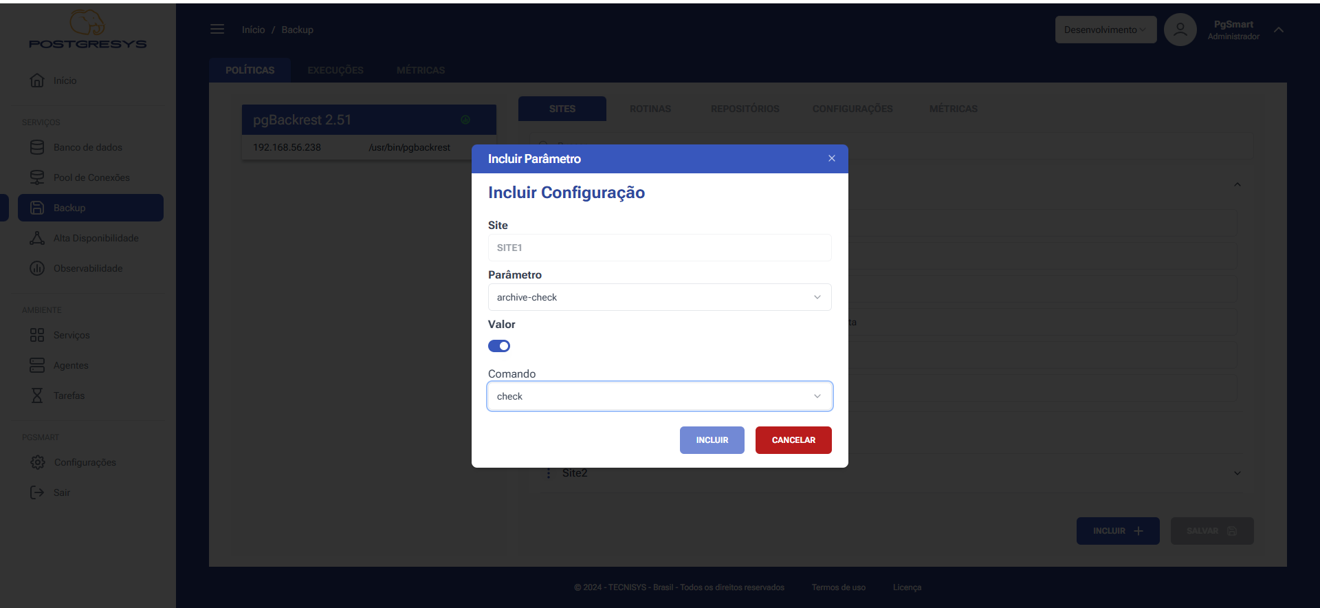 Figura 7 -Configuração dos Repositórios de Backup - Adicionar Parâmetro