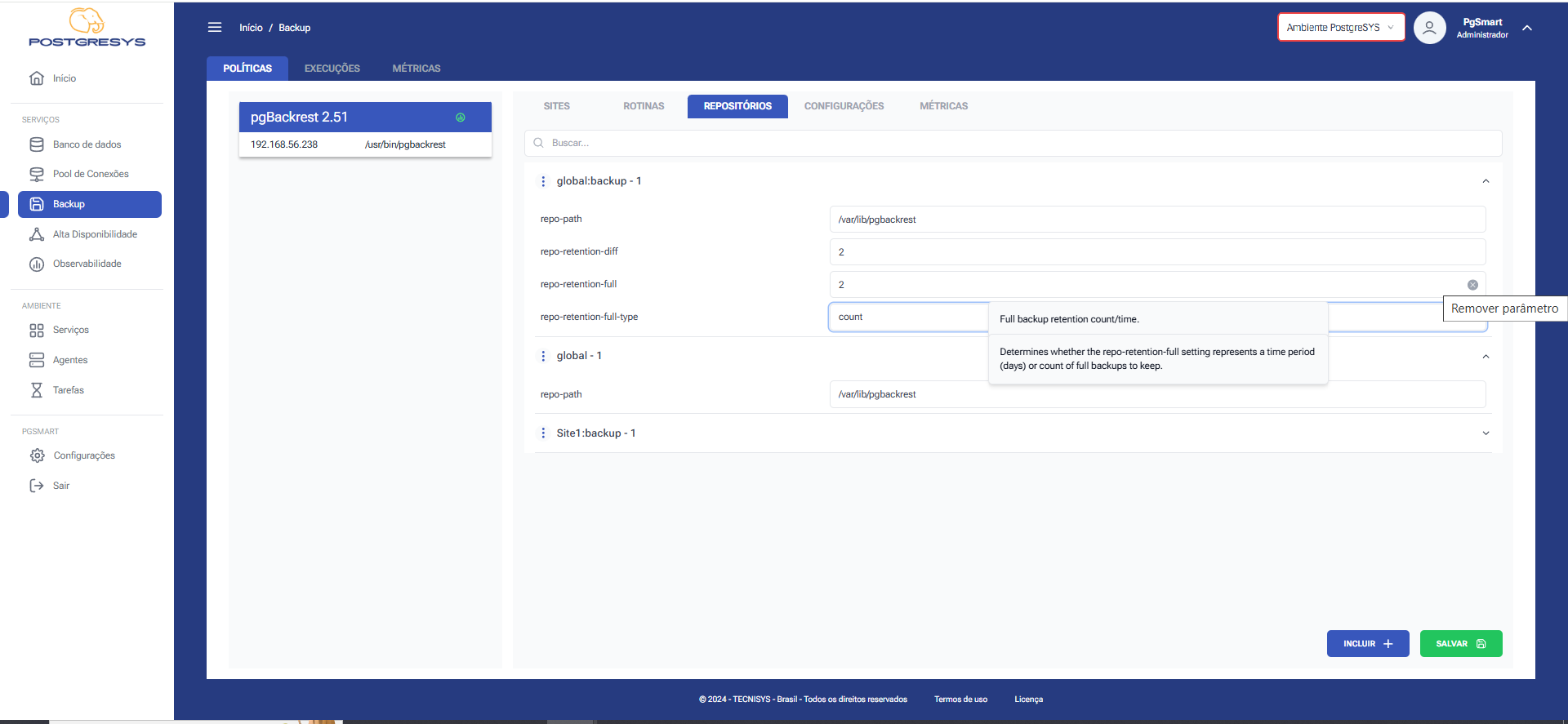 Figura 8 - Configuração dos Repositórios de Backup - Remoção de Parâmetro do Repositório