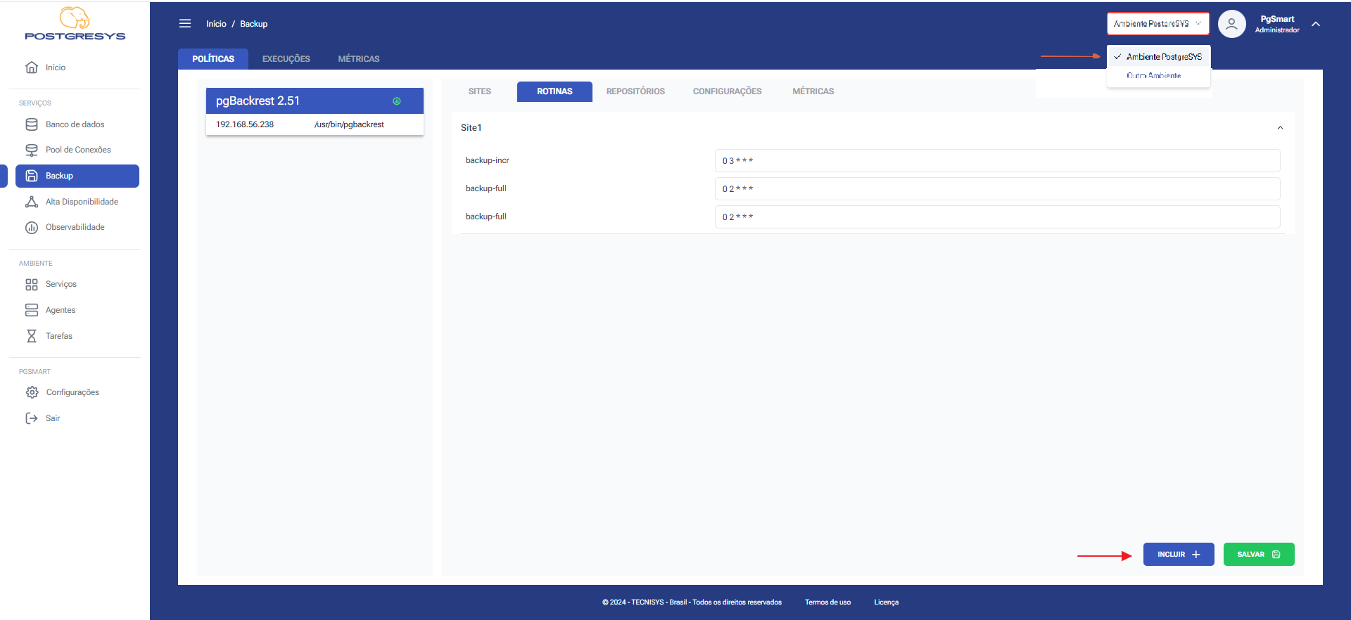 Figura 1 -Configuração dos Rotinas de Backup - Lista de Rotinas