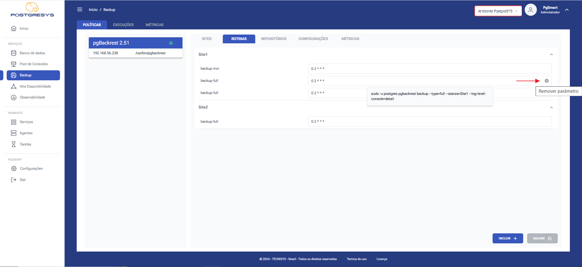 Figura 4 -Configuração dos rotinas de Backup - Remoção da Rotina