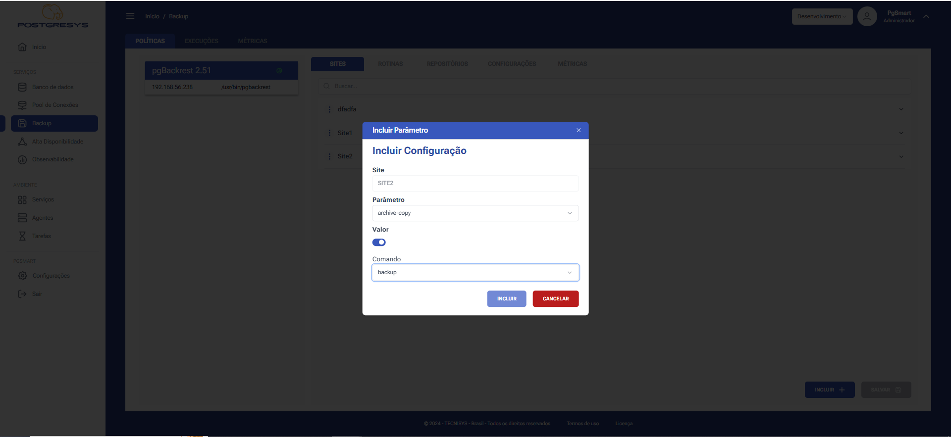 Figura 9 -Configuração dos Sites de Backup - Incluir configuração de Parâmetro