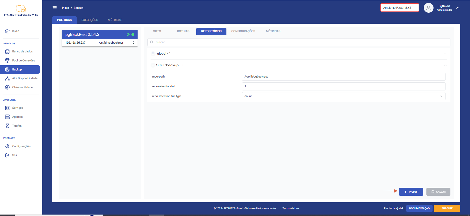 Figura 2 - Configuração dos Repositórios de Backup - Inclusão do Repositório