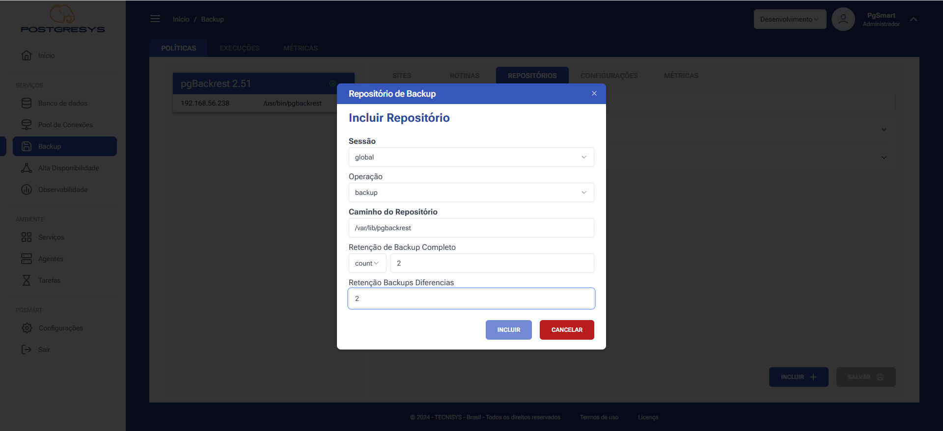 Figura 3 - Configuração dos Repositórios de Backup - Inclusão do Repositório