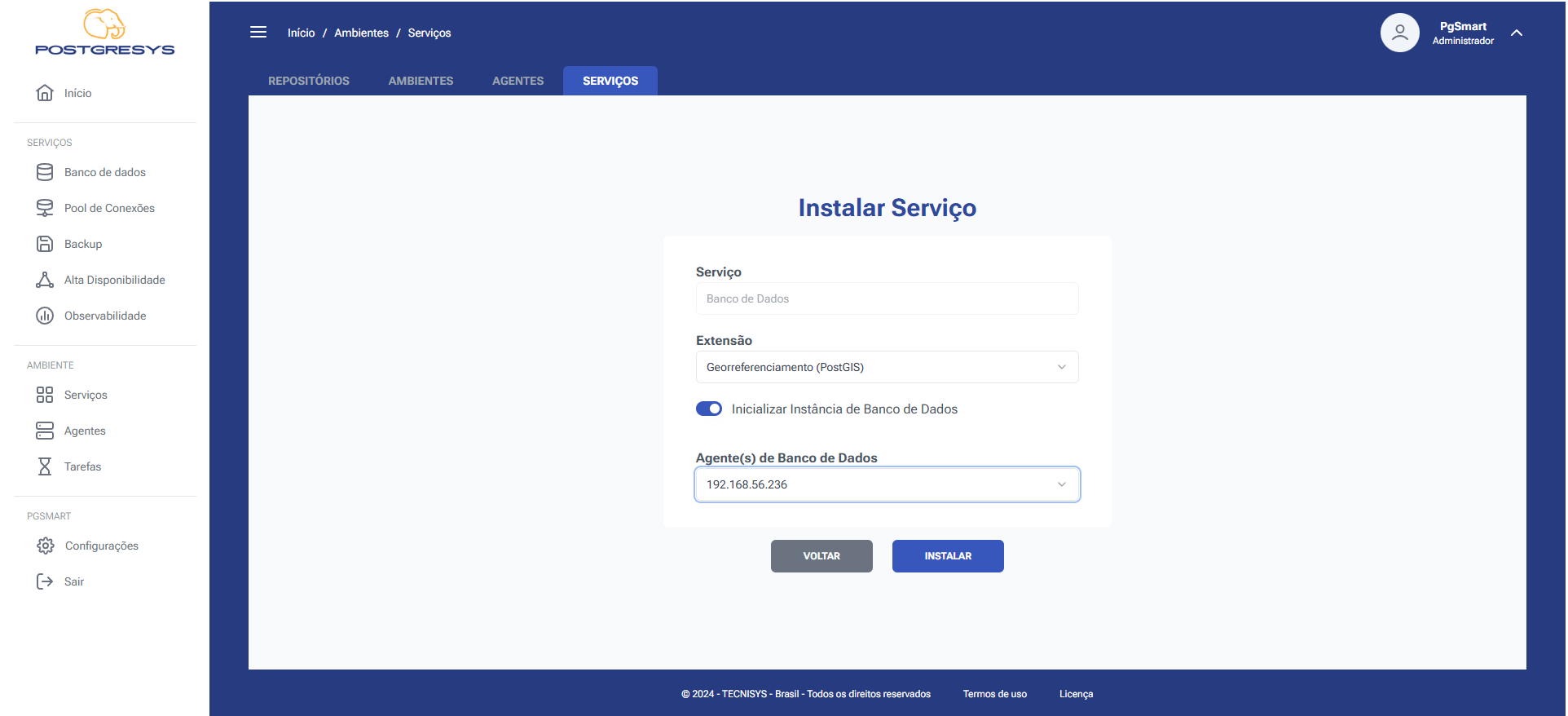 Figura 2 -Instalação do Serviço de Banco de Dados