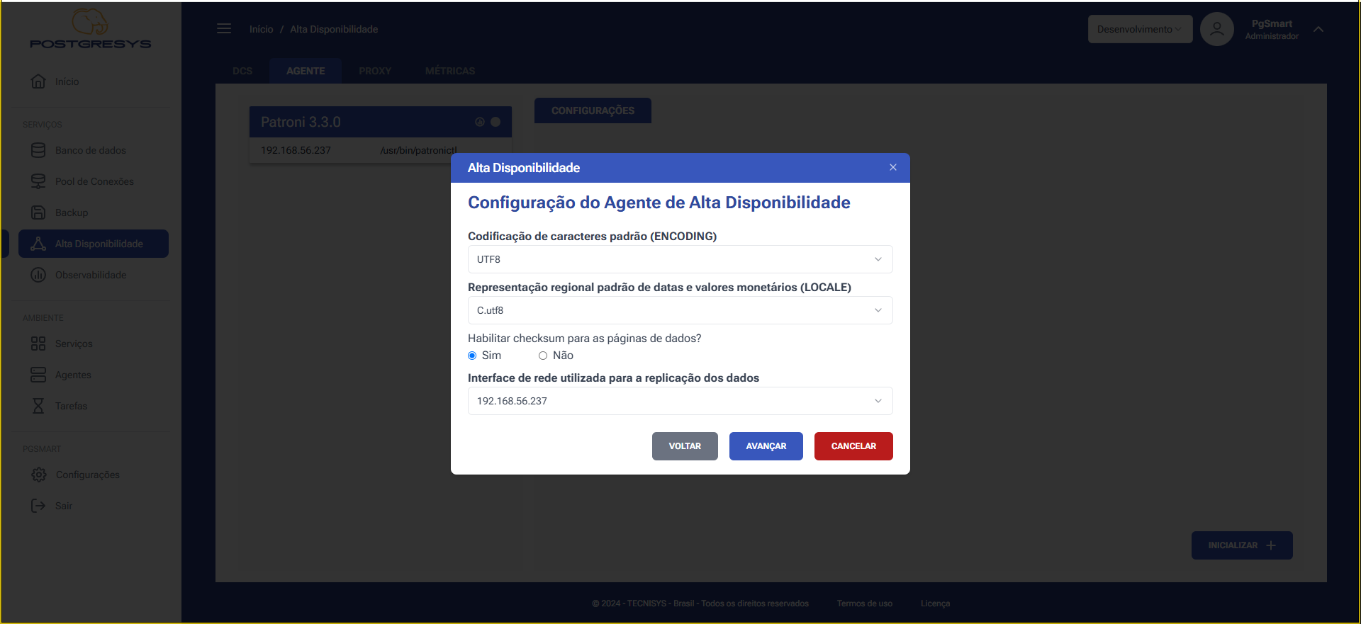 Figura 7 - Configuração do Agente de Alta Disponibilidade - Codificação de caracteres, Representação regional