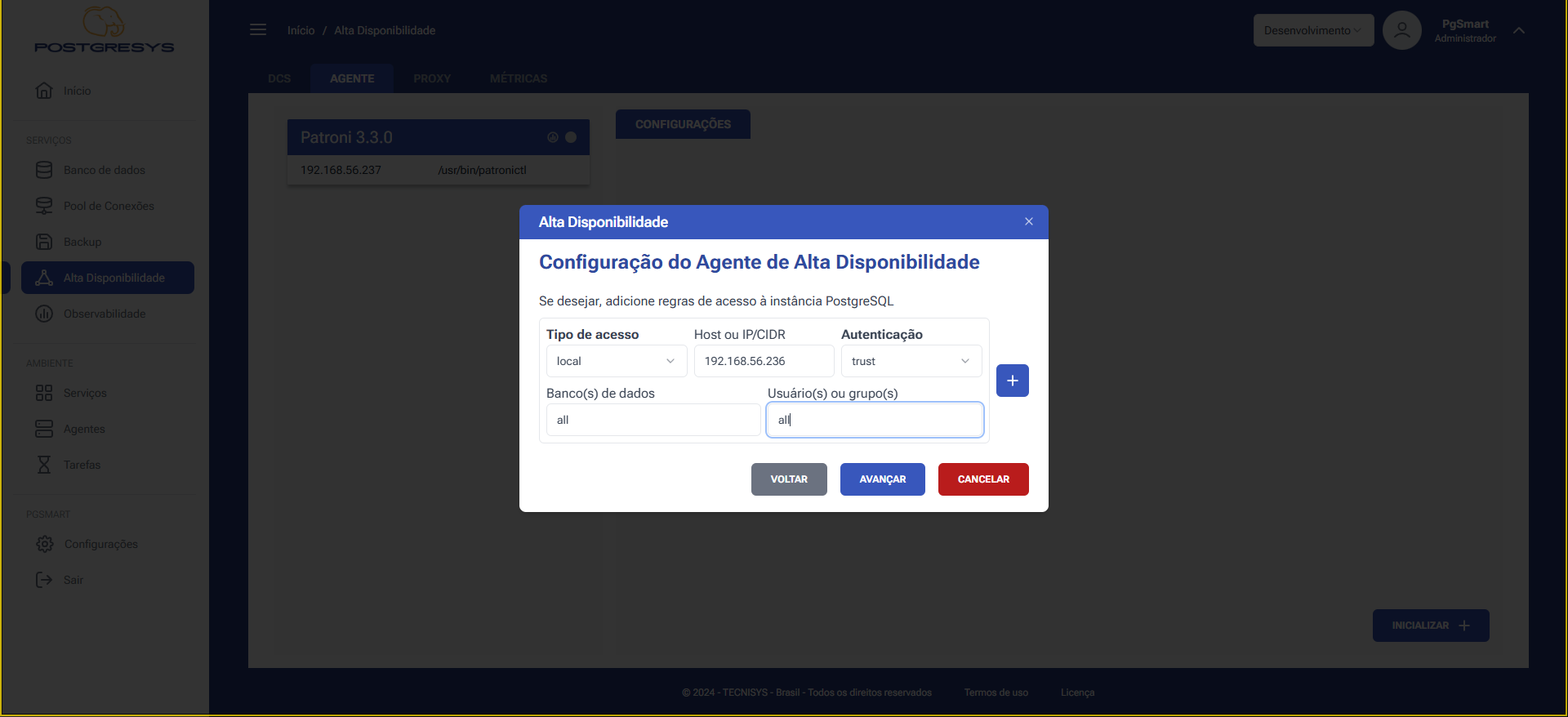 Figura 9 - Configuração do Agente de Alta Disponibilidade - Regras de Acesso da Instância