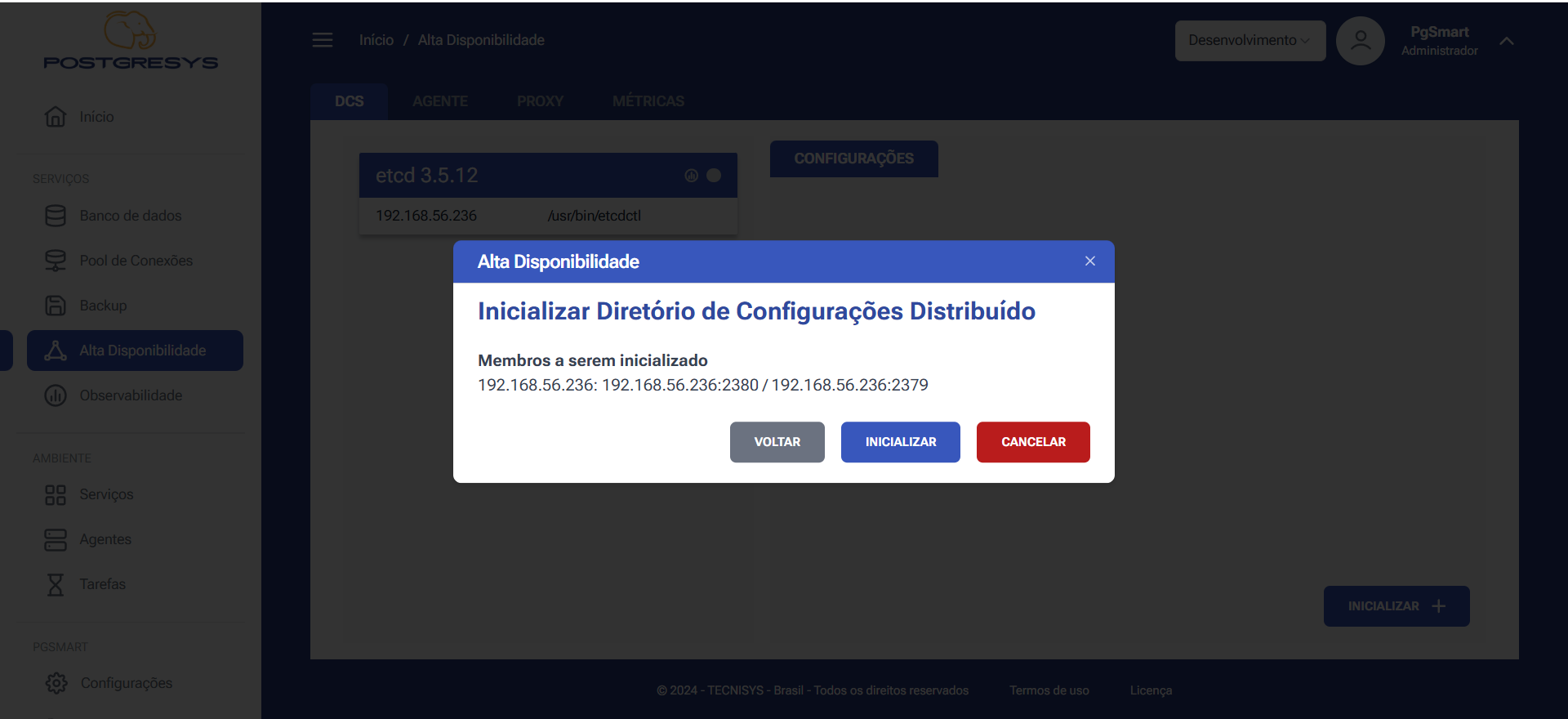 Figura 3 -Configuração do DCS de Alta Disponibilidade - Confirmação