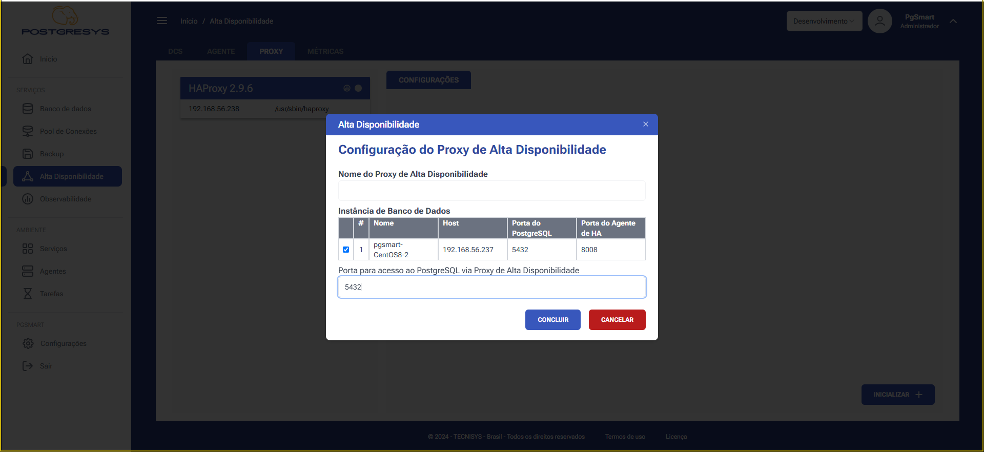 Figura 2 - Configuração do proxy de Alta Disponibilidade - Seleção da Instância